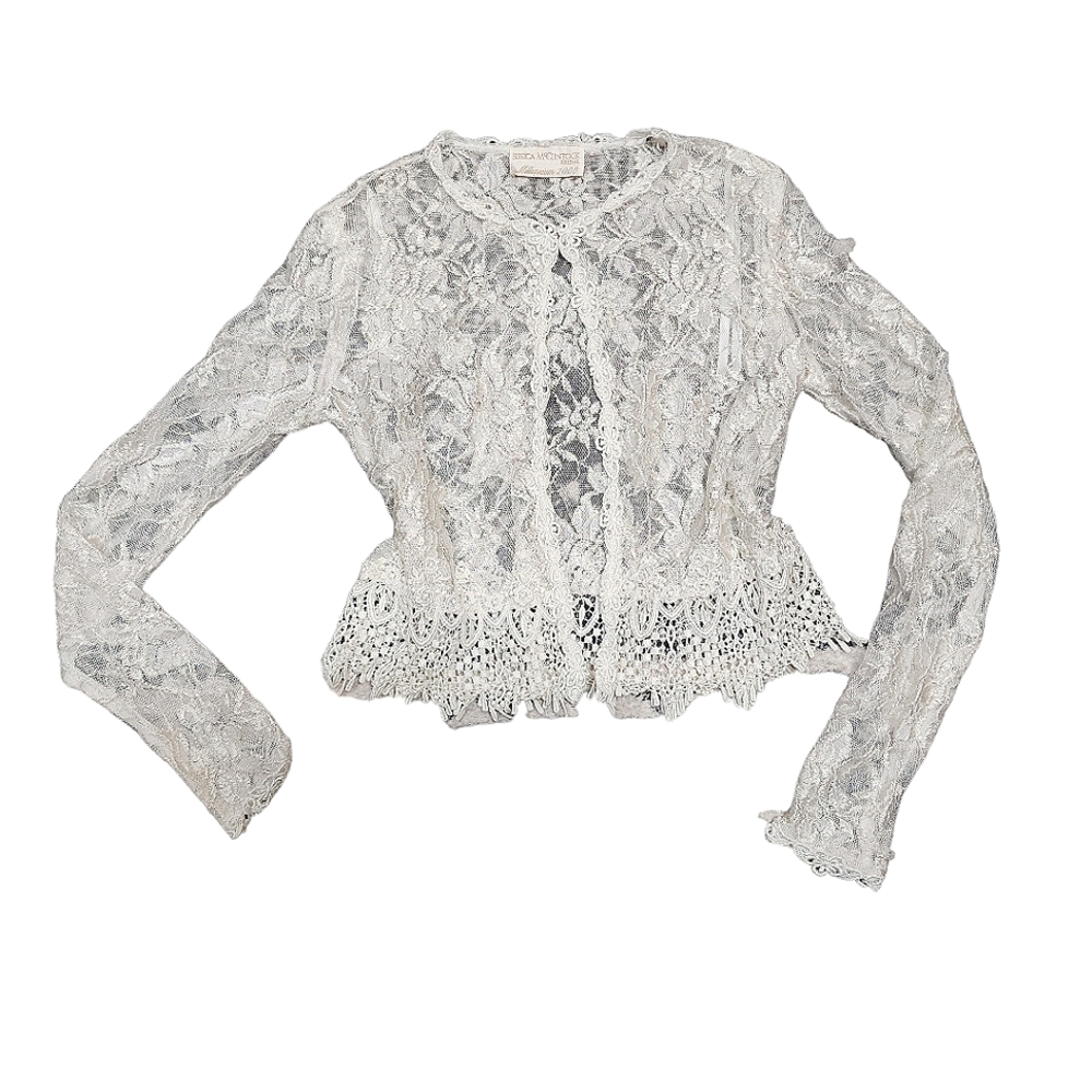 Womens Vintage Jessica McClintock White Floral Fully Lace Cardigan Size XS